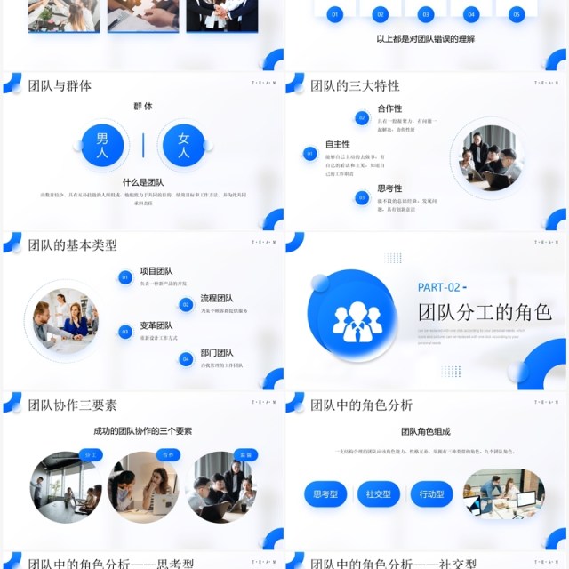 蓝色简约风团队分工与协作团队管理PPT模板