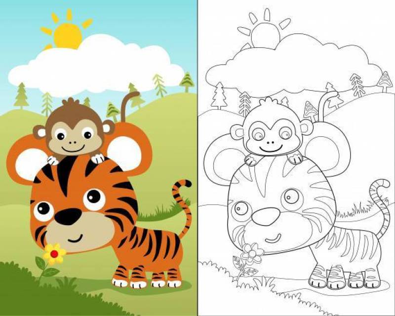 Coloring book vector of little tiger with monkey