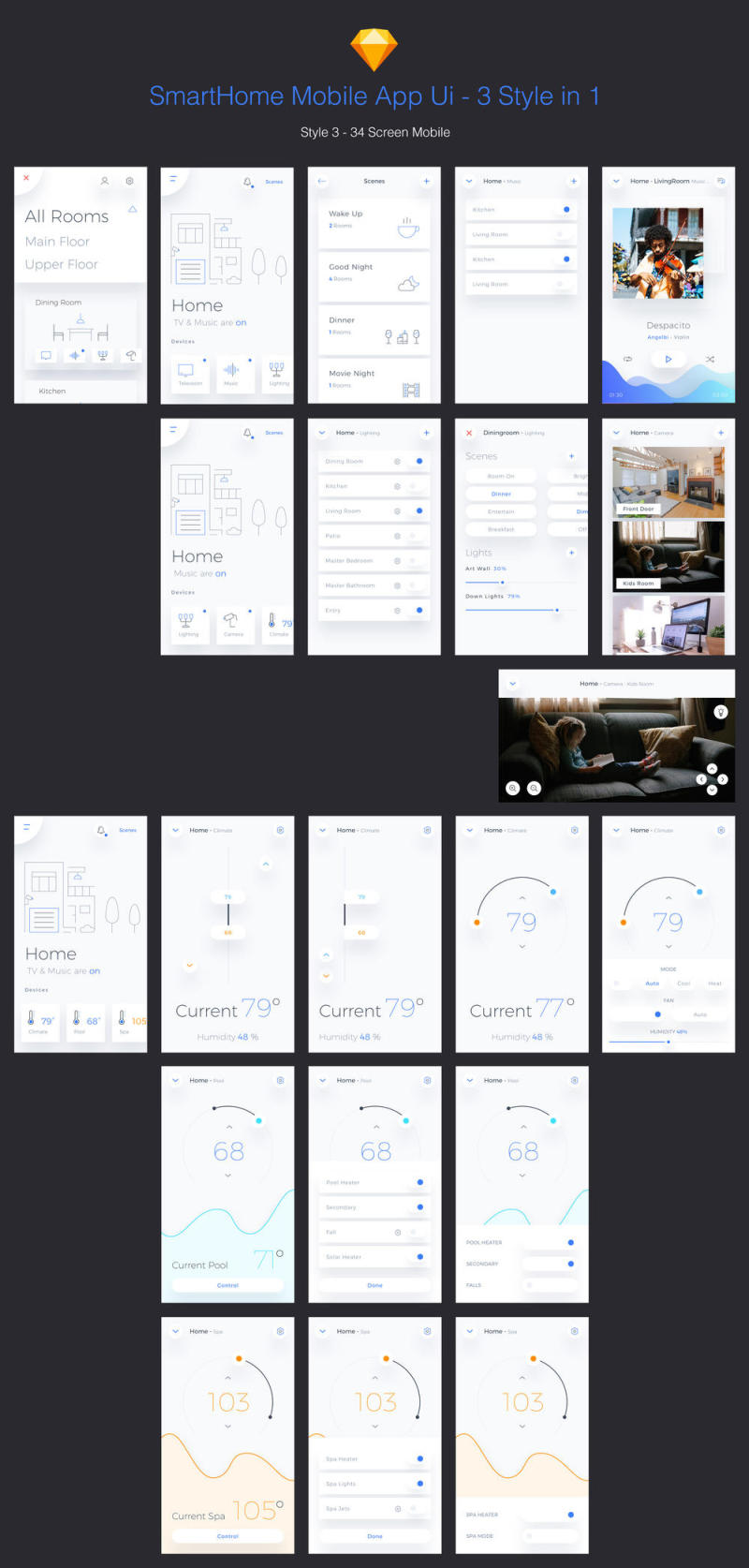 102 Sketch中设计的屏幕移动UI工具包。 3个样式，1个文件。，智能家居移动应用程序