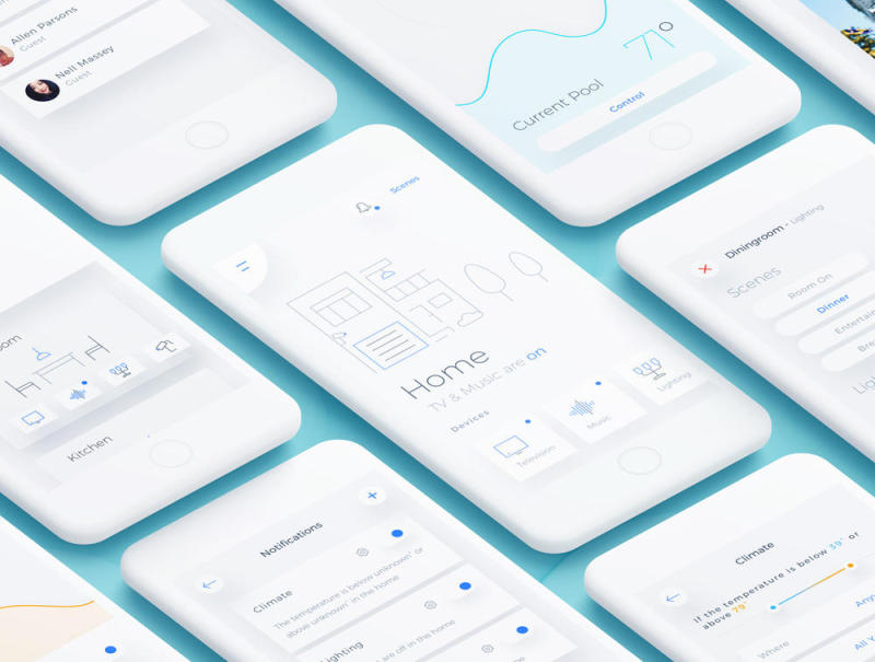 102 Sketch中设计的屏幕移动UI工具包。 3个样式，1个文件。，智能家居移动应用程序