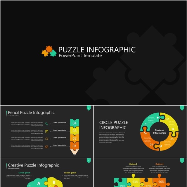 深色彩色拼图信息图PPT素材模板Wide Dark Puzzle Infographic