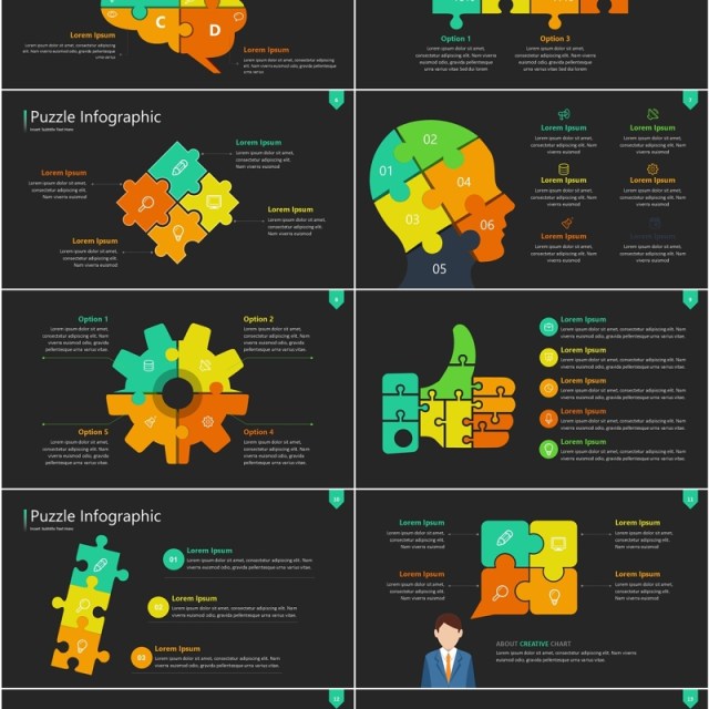 深色彩色拼图信息图PPT素材模板Wide Dark Puzzle Infographic