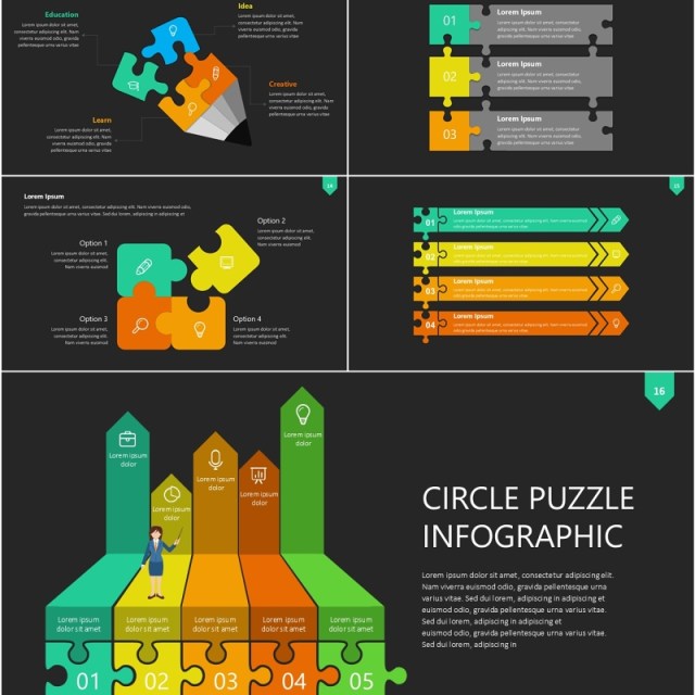 深色彩色拼图信息图PPT素材模板Wide Dark Puzzle Infographic