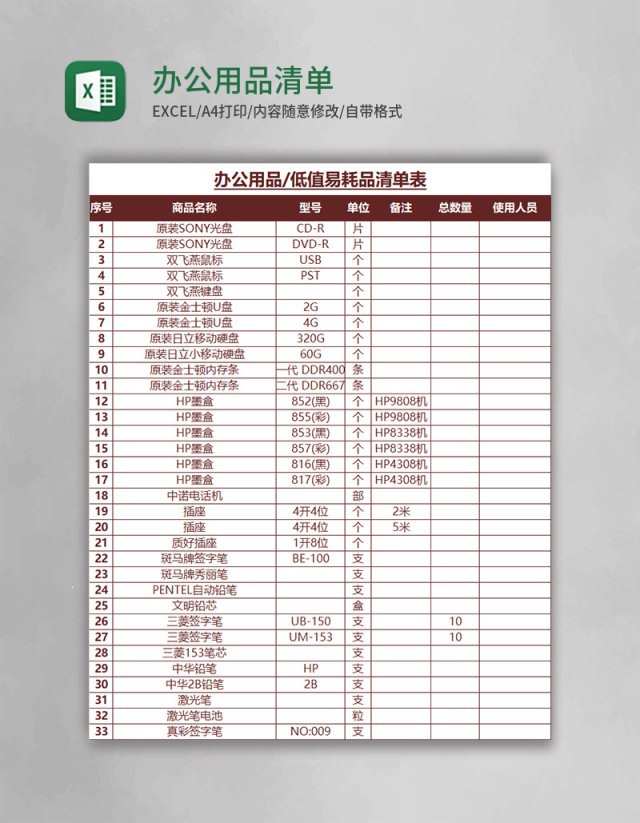 办公用品清单表excel模板