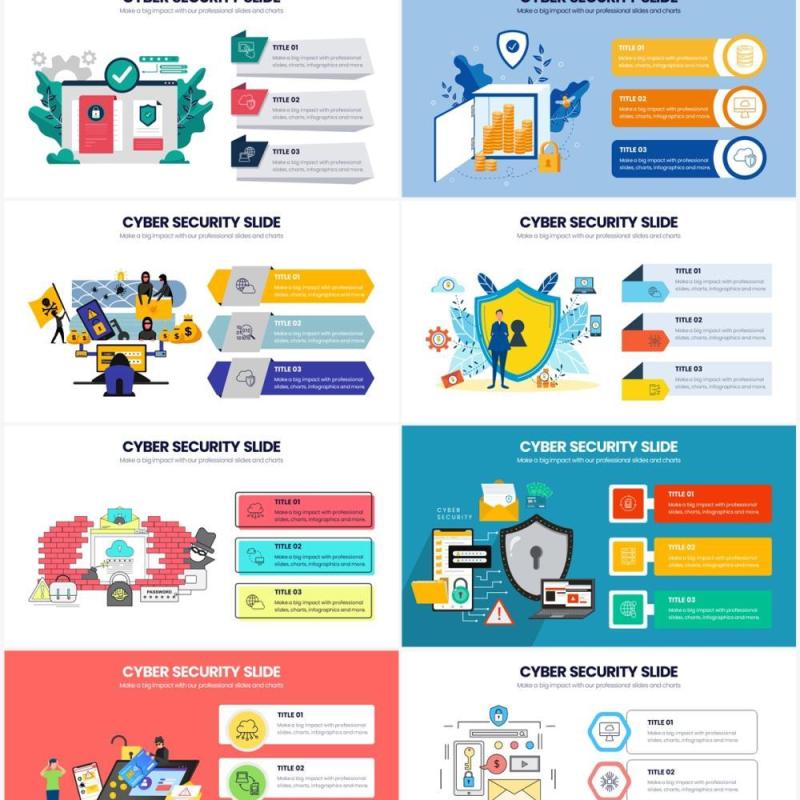 扁平化创意网络安全信息服务PPT素材Cyber Security Powerpoint Infographics