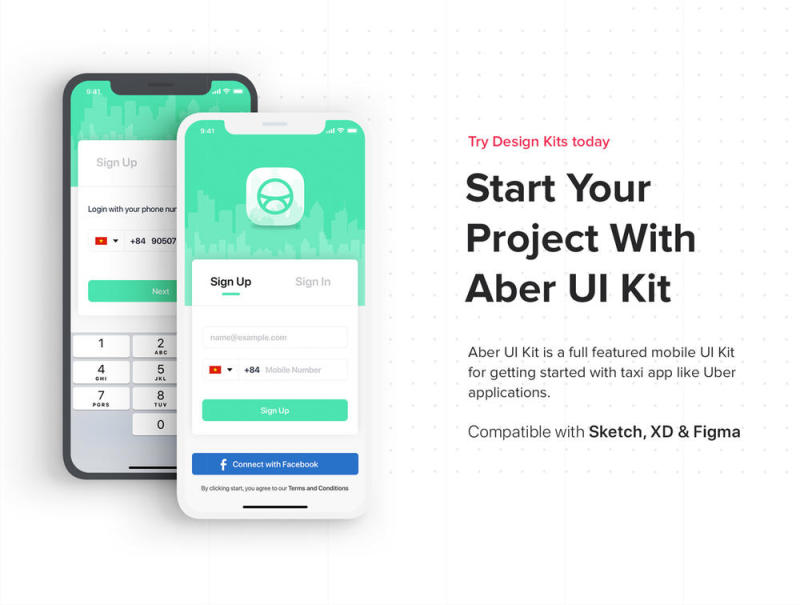 Taxi Mobile UI套件采用Sketch，XD和Figma，Aber UI Kit设计