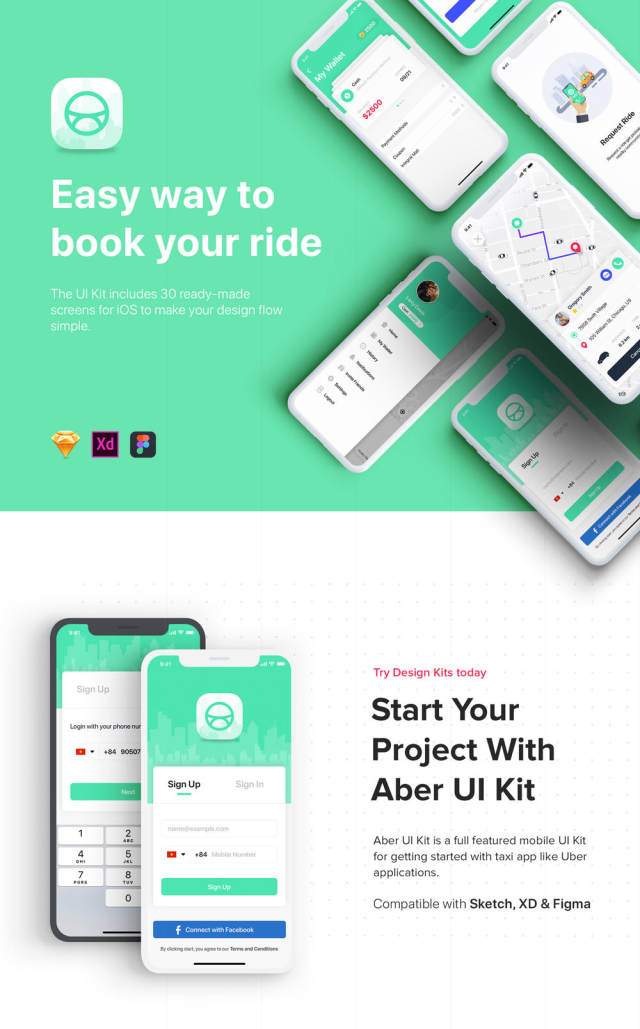 Taxi Mobile UI套件采用Sketch，XD和Figma，Aber UI Kit设计