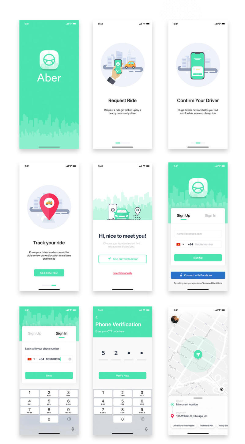 Taxi Mobile UI套件采用Sketch，XD和Figma，Aber UI Kit设计