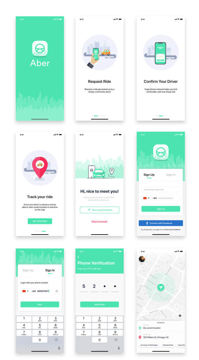 Taxi Mobile UI套件采用Sketch，XD和Figma，Aber UI Kit设计