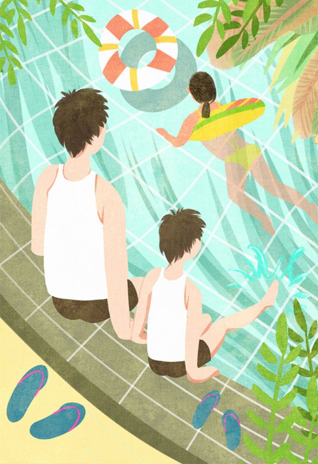 清新卡通父亲节父子在游泳池插画 清新卡通父亲节父子在游泳池插画