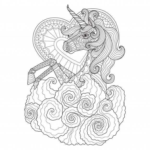 手绘插画的独角兽在zentangle风格