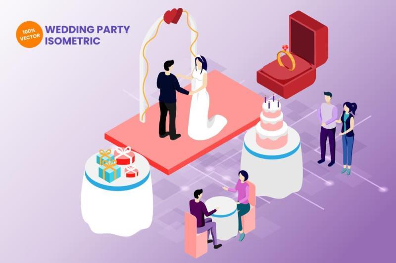 婚礼婚宴2.5D等距插画AI人物矢量素材isometric wedding party vector illustration