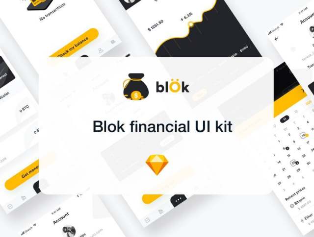 Premium Mobile Blockchain应用程序，具有用于Sketch。，Blok Financial UI Kit的完整UX UI