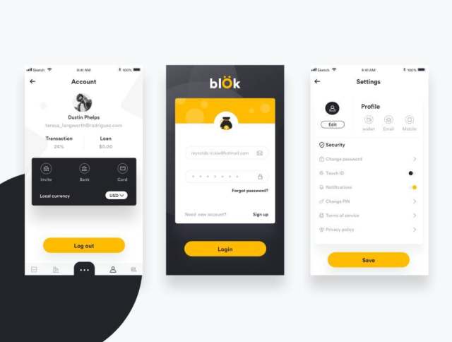 Premium Mobile Blockchain应用程序，具有用于Sketch。，Blok Financial UI Kit的完整UX UI