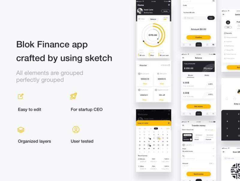 Premium Mobile Blockchain应用程序，具有用于Sketch。，Blok Financial UI Kit的完整UX UI