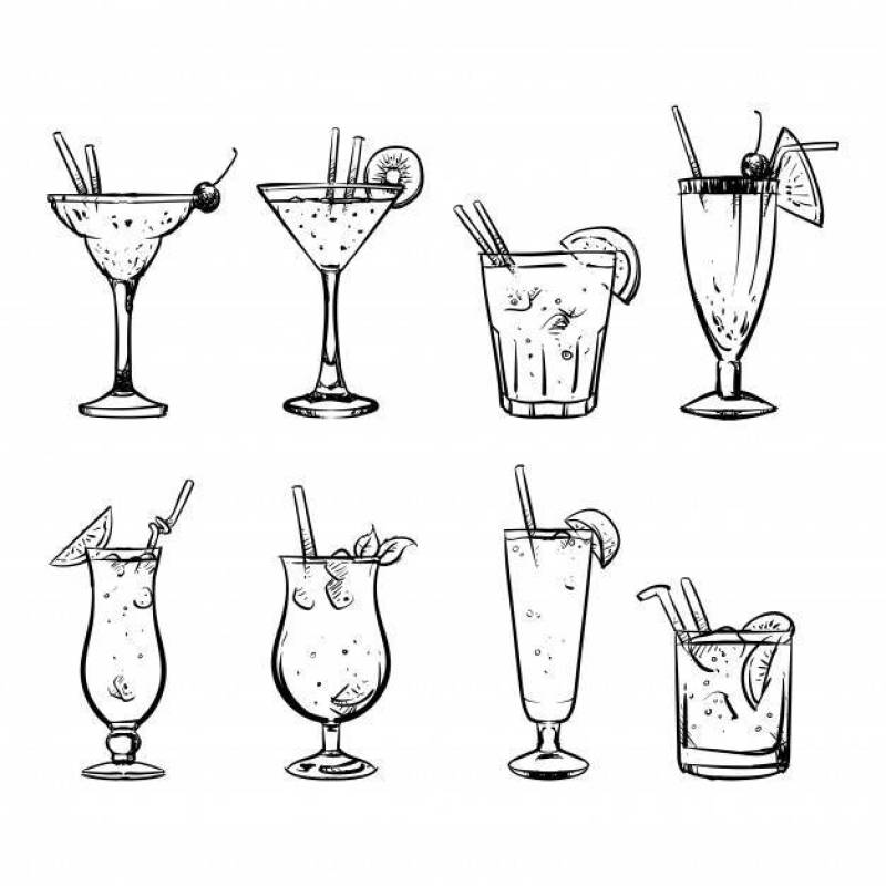 素描鸡尾酒和酒精的手绘图一套