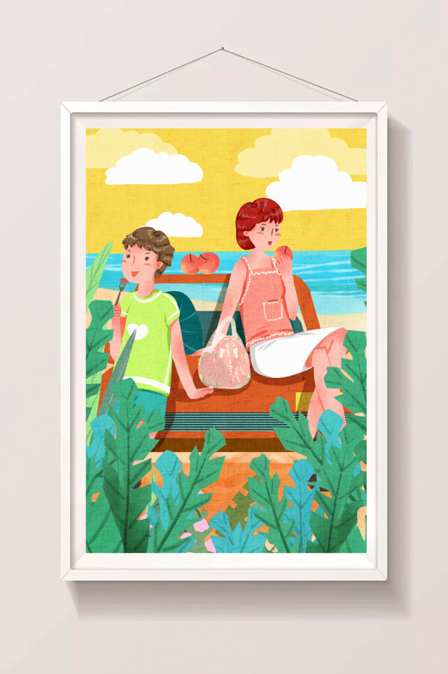 清新可爱朋友们海边游玩聚餐插画 清新可爱朋友们海边游玩聚餐插画
