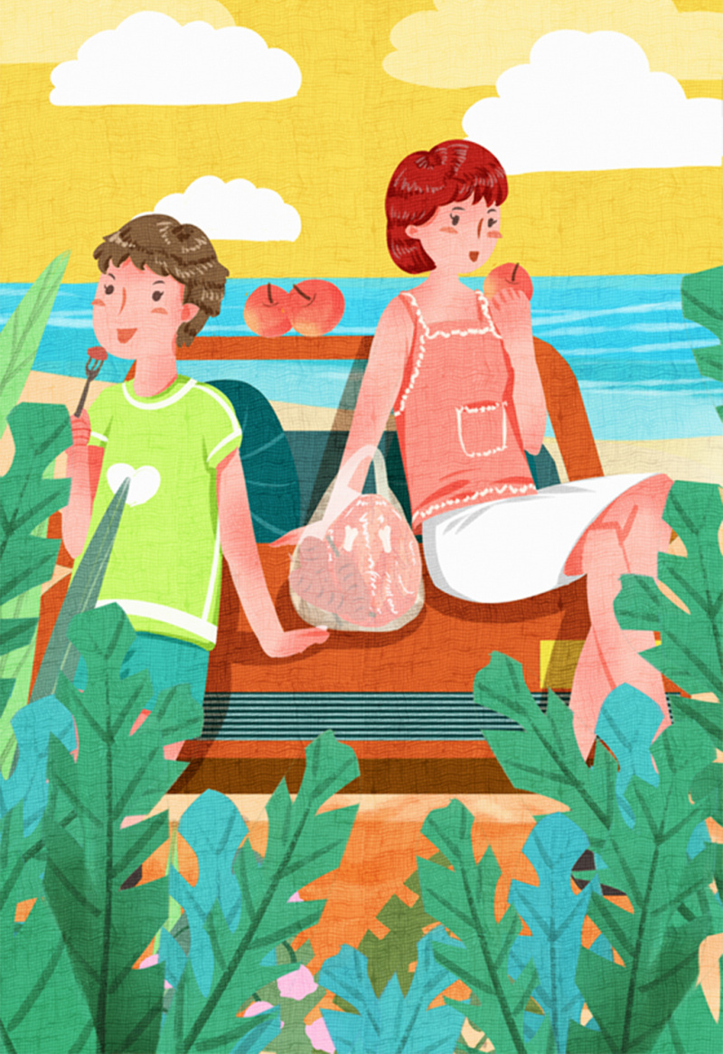 清新可爱朋友们海边游玩聚餐插画