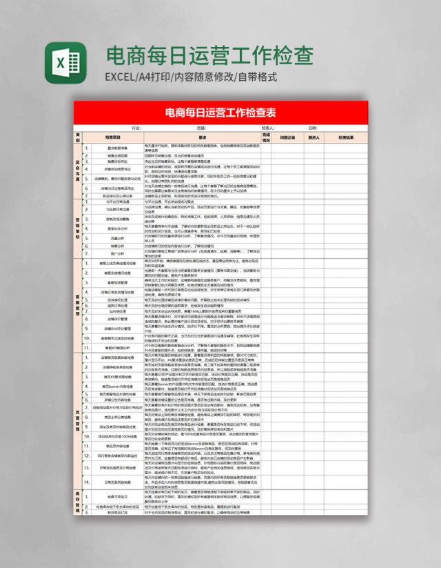 电商每日运营工作检查表excel模板
