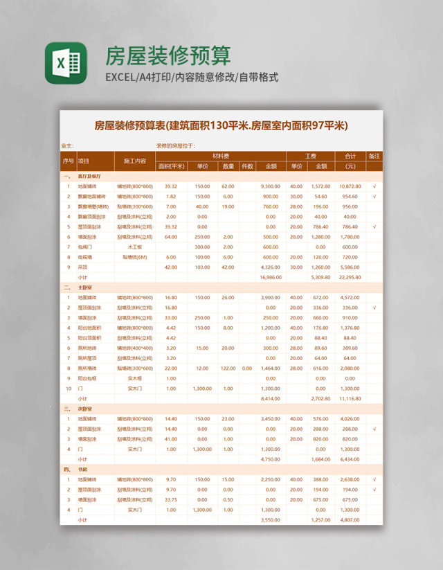 简约房屋装修预算表excel模板 简约房屋装修预算表excel模板