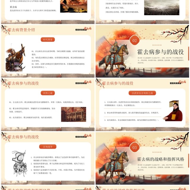 橙色插画风爱国英雄霍去病介绍PPT模板 橙色插画风爱国英雄霍去病介绍PPT模板