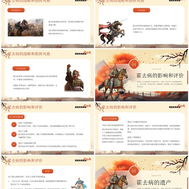 橙色插画风爱国英雄霍去病介绍PPT模板 橙色插画风爱国英雄霍去病介绍PPT模板