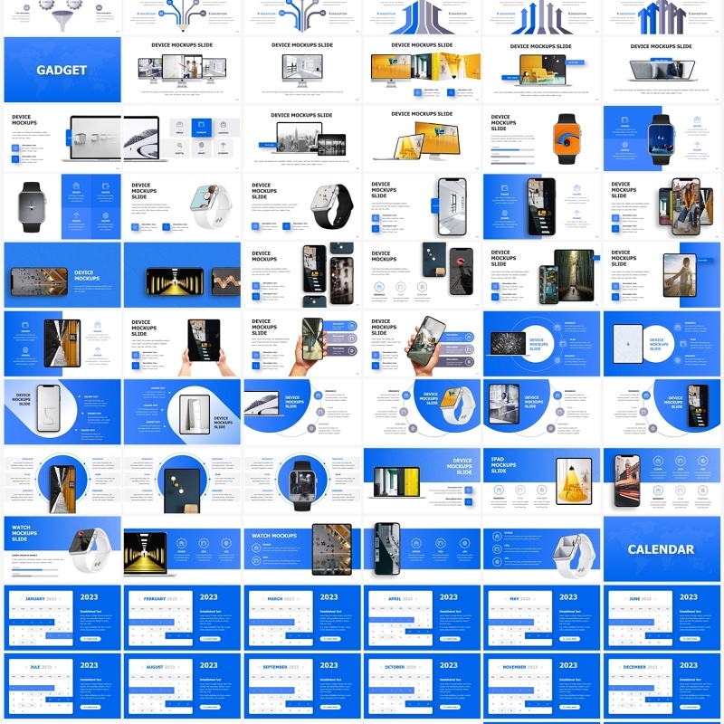 600多页蓝色多功能公司企业市场调查报告分析拼图时间轴信息图表创意图片排版PPT模板素材