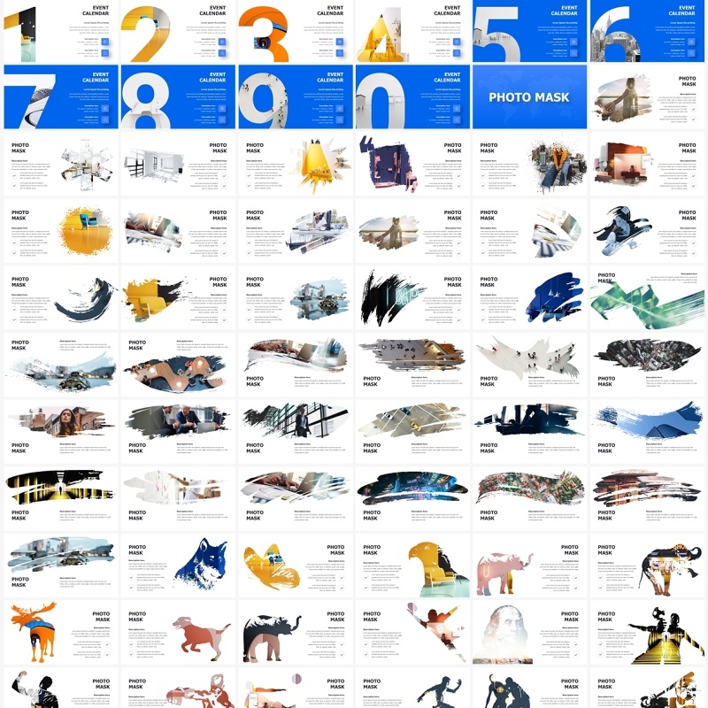 600多页蓝色多功能公司企业市场调查报告分析拼图时间轴信息图表创意图片排版PPT模板素材