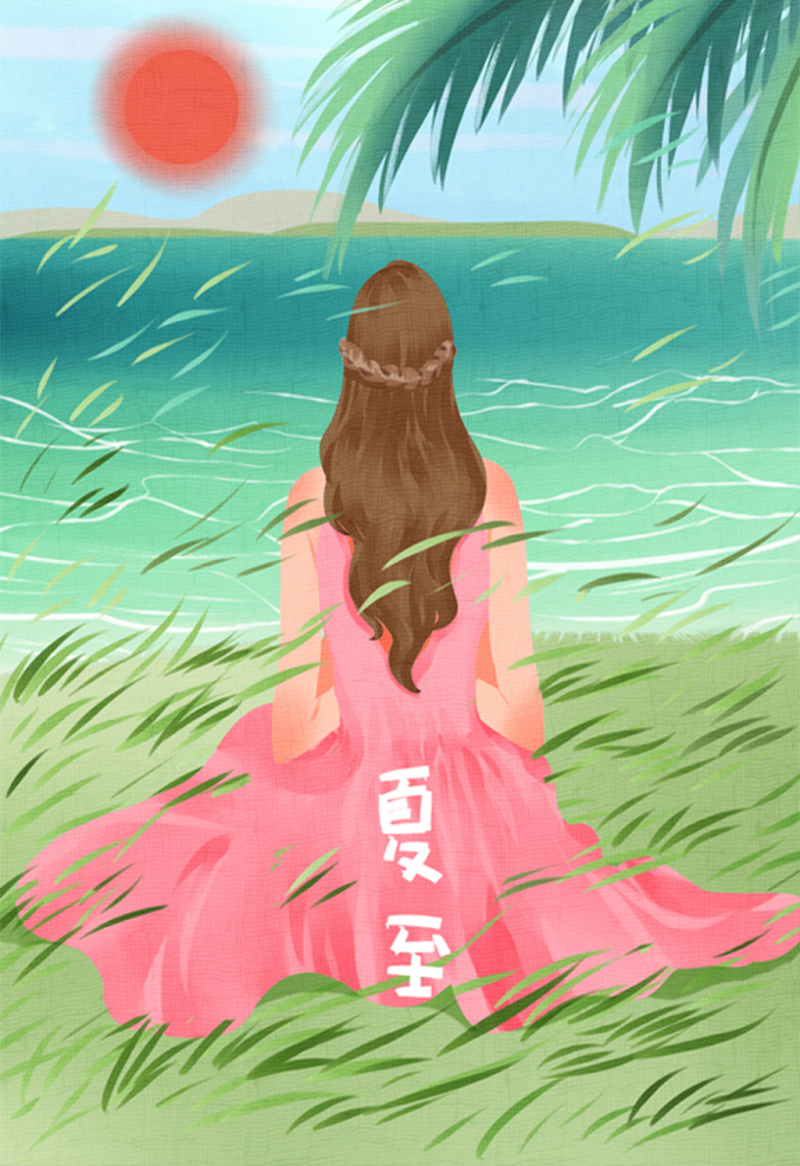 清新唯美女性海边度夏度假插画