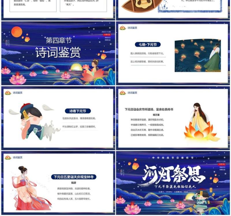 蓝色中国风河灯祭祀下元节PPT模板