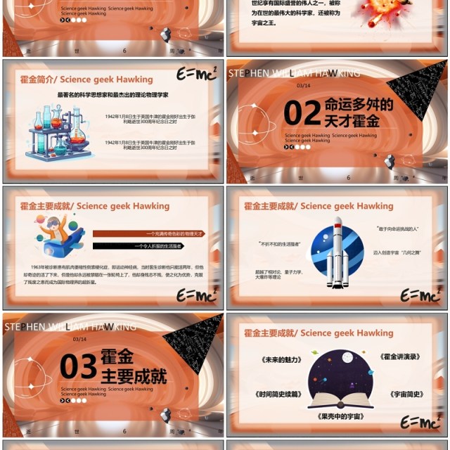 橙色创意风史蒂芬霍金逝世6周年PPT模板 橙色创意风史蒂芬霍金逝世6周年PPT模板