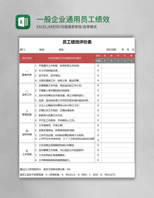 一般企业通用员工绩效评价Excel表格