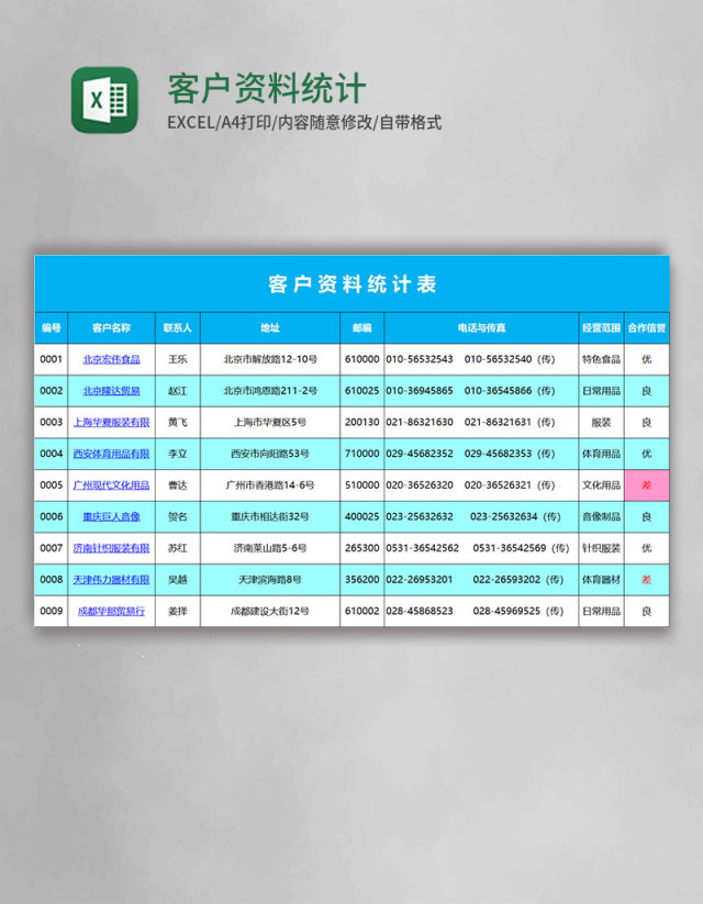 客户资料统计表excel模板表格