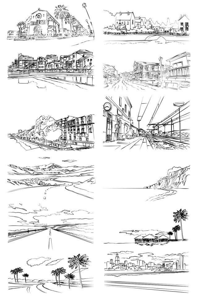 手绘素描风景建筑元素矢量图形 手绘素描风景建筑元素矢量图形