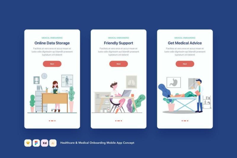 医疗保健和医疗登录页模板概念EPS矢量插画素材手机界面Healthcare & Medical Onboarding Mobile App Concept