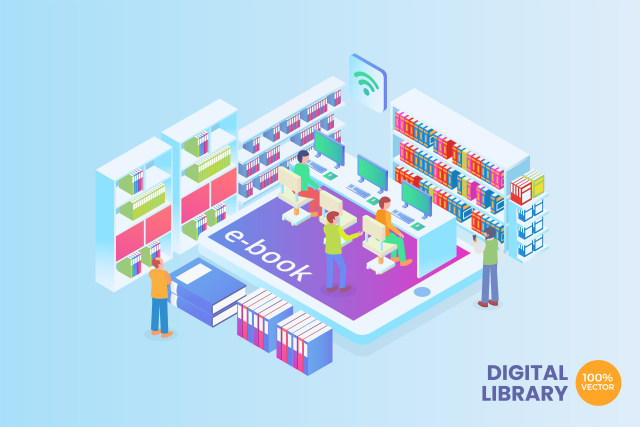 2.5D等距数字图书馆矢量插画AI素材场景概念Isometric Digital Library Vector Concept 2.5D等距数字图书馆矢量插画AI素材场景概念Isometric Digital Library Vector Concept