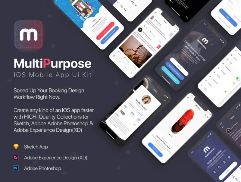专为iPhone X.，MultiPurpose iOS UI Kit设计的MultiPurpose Mobile App UI套件
