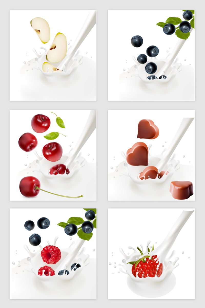飞溅的牛奶中的水果矢量素材