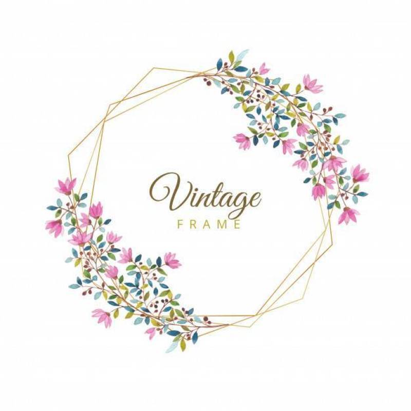 Watercolor floral vintage frame with gold border