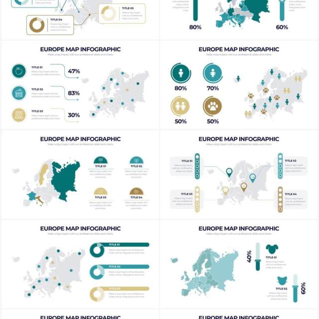 淡绿色欧洲地图信息图形PPT素材Europe Map Powerpoint Infographics