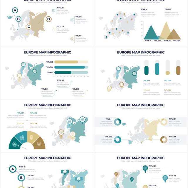 淡绿色欧洲地图信息图形PPT素材Europe Map Powerpoint Infographics