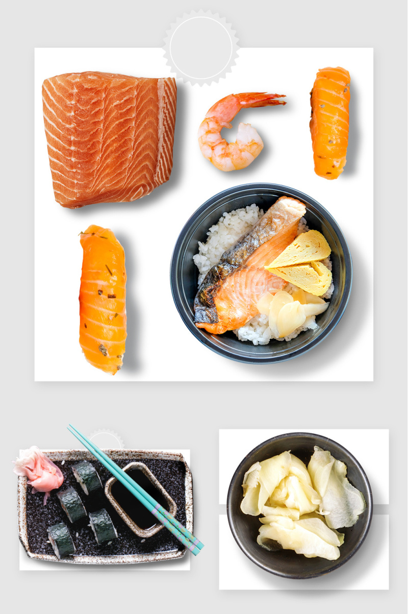 生鱼片鲜虾日式饭菜紫菜寿司泡菜实物图形