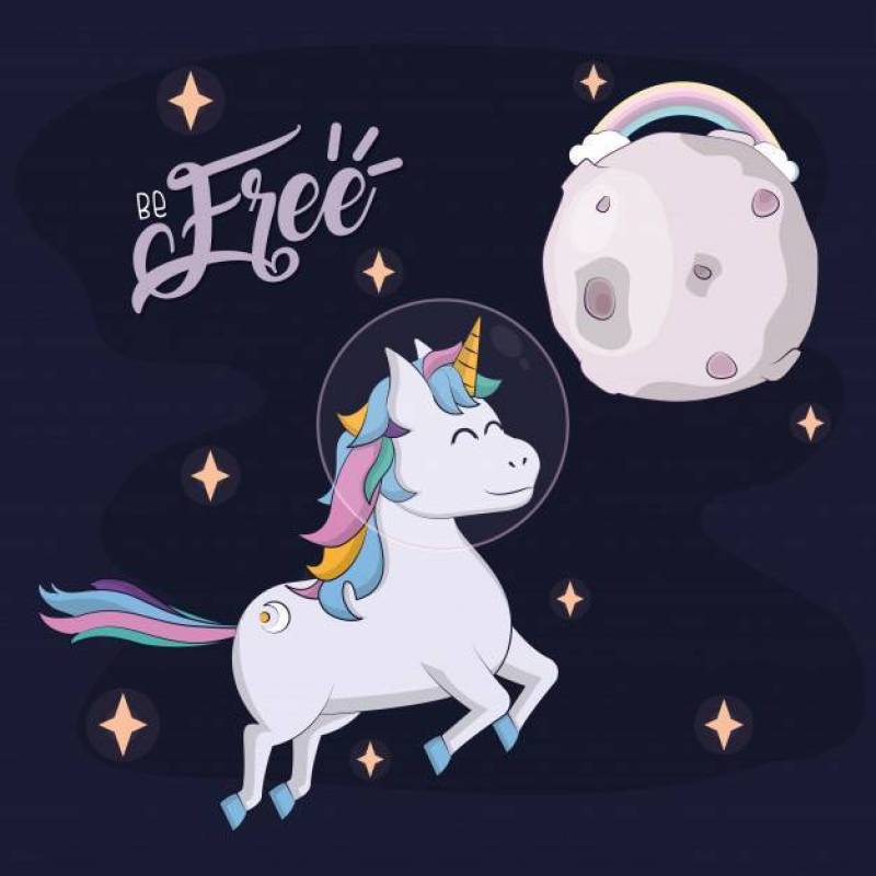 与月亮的逗人喜爱的自由独角兽在天空传染媒介例证图形设计