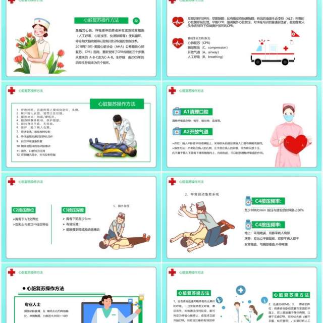 卡通医疗心脏复苏急救知识讲座PPT模板