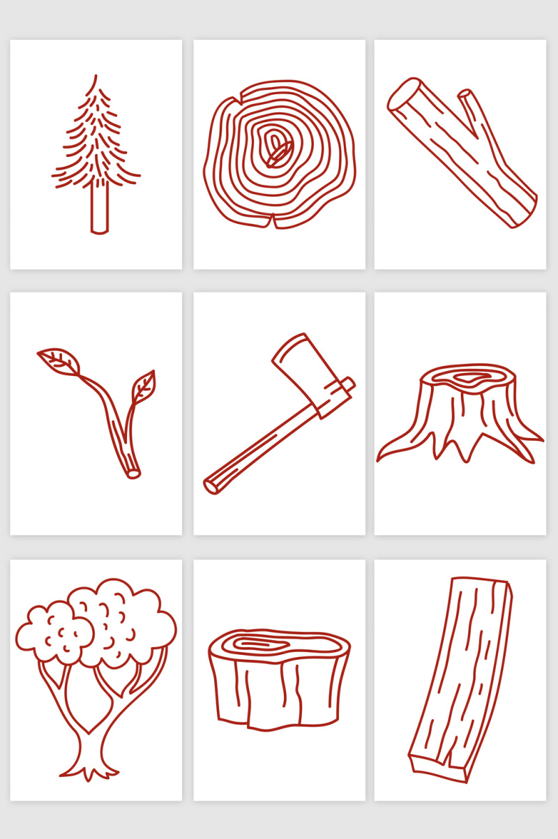 线条树木斧子树枝木桩插画矢量图形