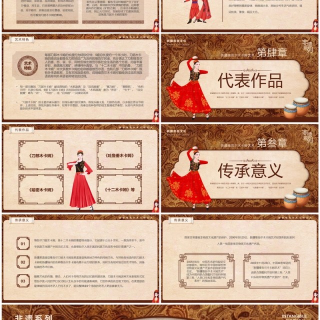 棕色非遗系列之新疆维吾尔木卡姆艺术PPT模板 棕色非遗系列之新疆维吾尔木卡姆艺术PPT模板
