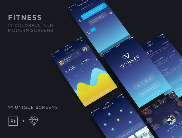 3个不同的应用程序音乐，电子商务和健身APP UI工具包（包含44个屏幕界面，sketch和PSD源文件）打包下载