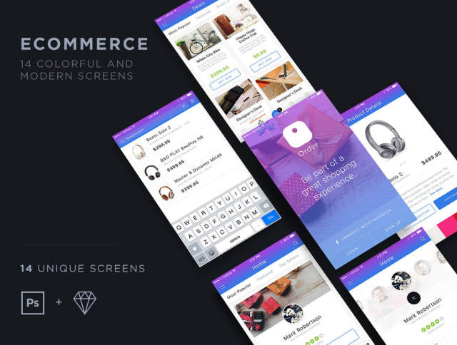 3个不同的应用程序音乐，电子商务和健身APP UI工具包（包含44个屏幕界面，sketch和PSD源文件）打包下载