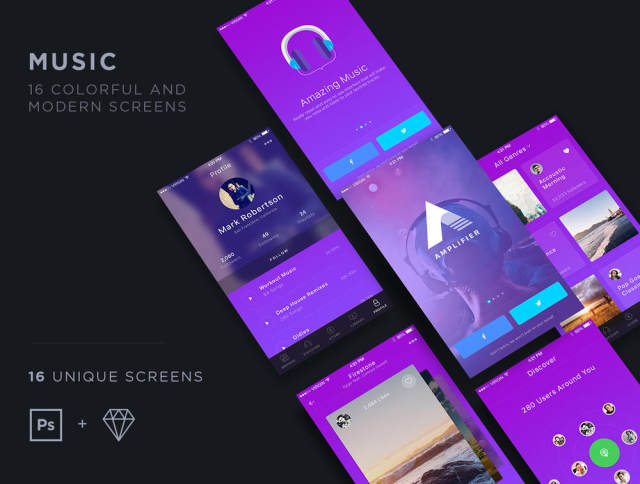3个不同的应用程序音乐，电子商务和健身APP UI工具包（包含44个屏幕界面，sketch和PSD源文件）打包下载
