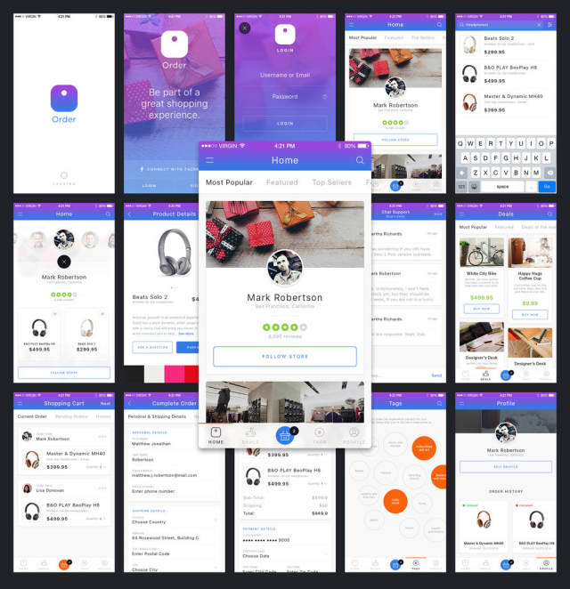 3个不同的应用程序音乐,电子商务和健身APP UI工具包(包含44个屏幕界面,sketch和PSD源文件)打包下载 3个不同的应用程序音乐,电子商务和健身APP UI工具包(包含44个屏幕界面,sketch和PSD源文件)打包下载